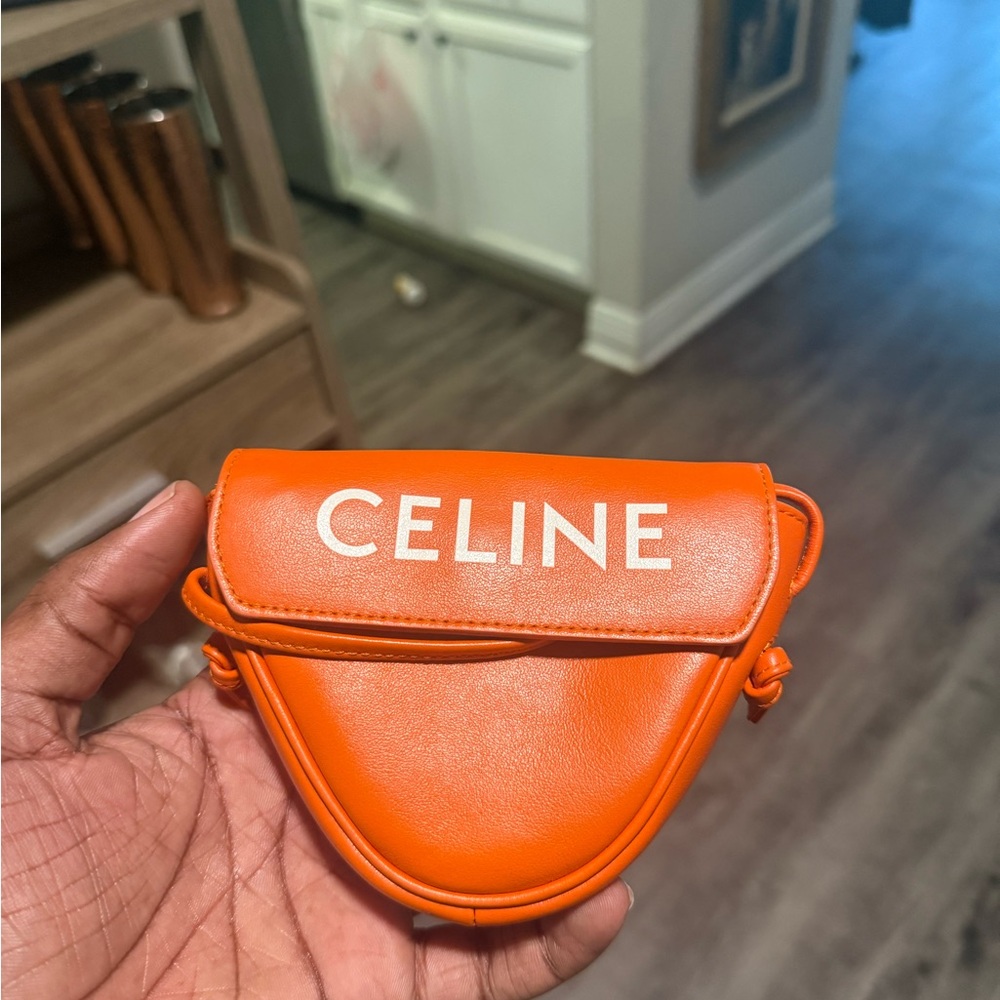Celine Orange Mini Leather Saddle Pouch with White Logo